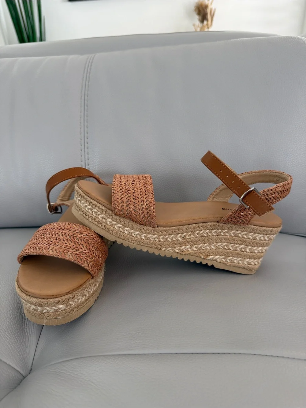 Woven Tan Espadrille Wedge Sandals with Ankle Strap